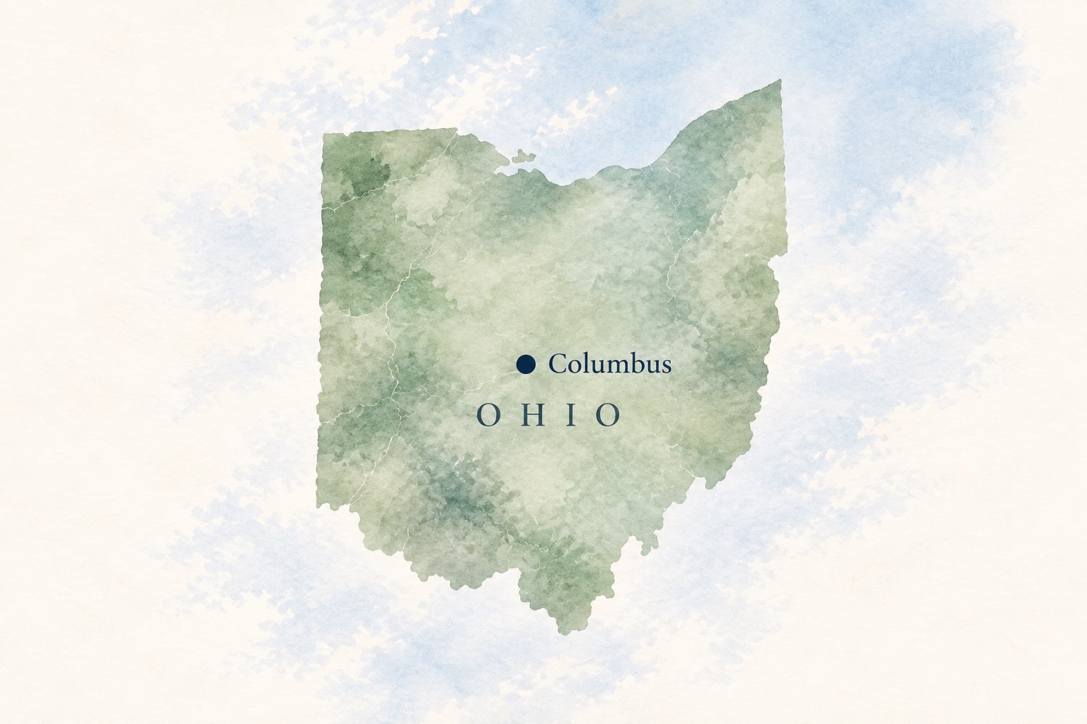Watercolor map of Ohio with Columbus marked